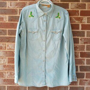 Vintage Wrangler Cactus Embroidered front and back pearl snap denim shirt XL